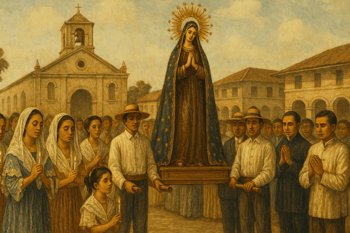 A sepia-toned 19th-century Filipino religious procession featuring villagers carrying a statue of the Virgin Mary outside a Spanish-era stone church.
