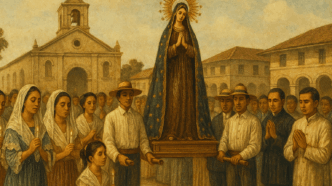 A sepia-toned 19th-century Filipino religious procession featuring villagers carrying a statue of the Virgin Mary outside a Spanish-era stone church.