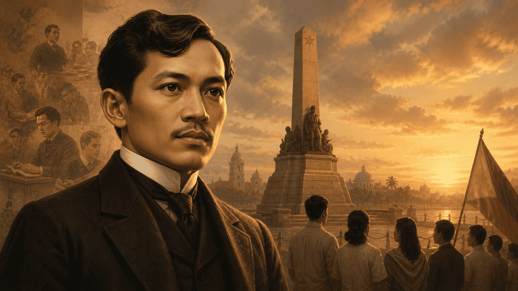 Jose Rizal shown beside the Rizal Monument at sunset with the Philippine flag and people gathered in remembrance.