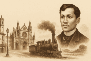 Sepia-toned illustration of José Rizal alongside Spanish architecture and a 19th-century steam train, symbolizing his travels and intellectual journey through Spain.