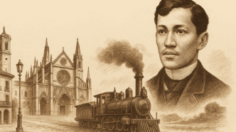 Sepia-toned illustration of José Rizal alongside Spanish architecture and a 19th-century steam train, symbolizing his travels and intellectual journey through Spain.