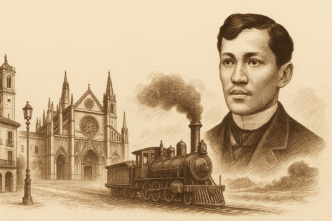 Sepia-toned illustration of José Rizal alongside Spanish architecture and a 19th-century steam train, symbolizing his travels and intellectual journey through Spain.