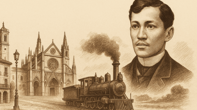 Sepia-toned illustration of José Rizal alongside Spanish architecture and a 19th-century steam train, symbolizing his travels and intellectual journey through Spain.
