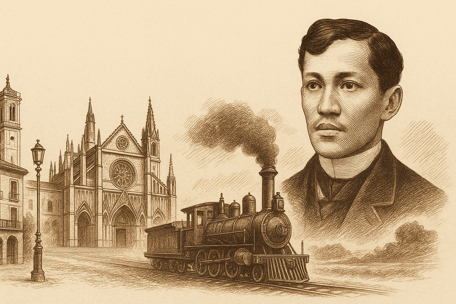 Sepia-toned illustration of José Rizal alongside Spanish architecture and a 19th-century steam train, symbolizing his travels and intellectual journey through Spain.
