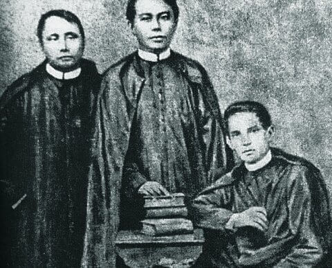 Square-cropped depiction of Gomburza, the three Filipino priests whose execution in 1872 ignited widespread reformist and nationalist sentiment.