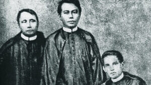 Square-cropped depiction of Gomburza, the three Filipino priests whose execution in 1872 ignited widespread reformist and nationalist sentiment.
