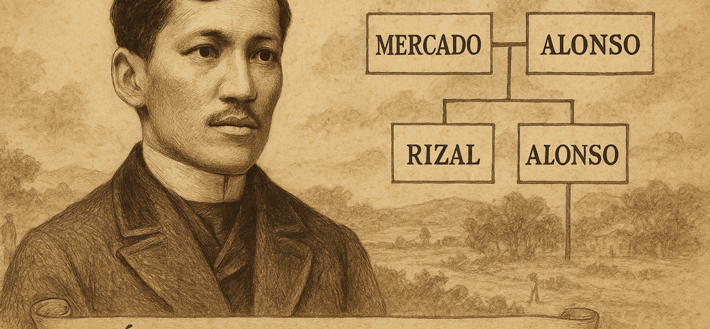 A sepia-toned illustration of Jose Rizal in formal attire with a calm expression, set against an old-paper background, showing a simple family lineage chart labeled Mercado, Alonso, Rizal, and Alonso.