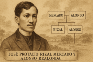 A sepia-toned illustration of Jose Rizal in formal attire with a calm expression, set against an old-paper background, showing a simple family lineage chart labeled Mercado, Alonso, Rizal, and Alonso.
