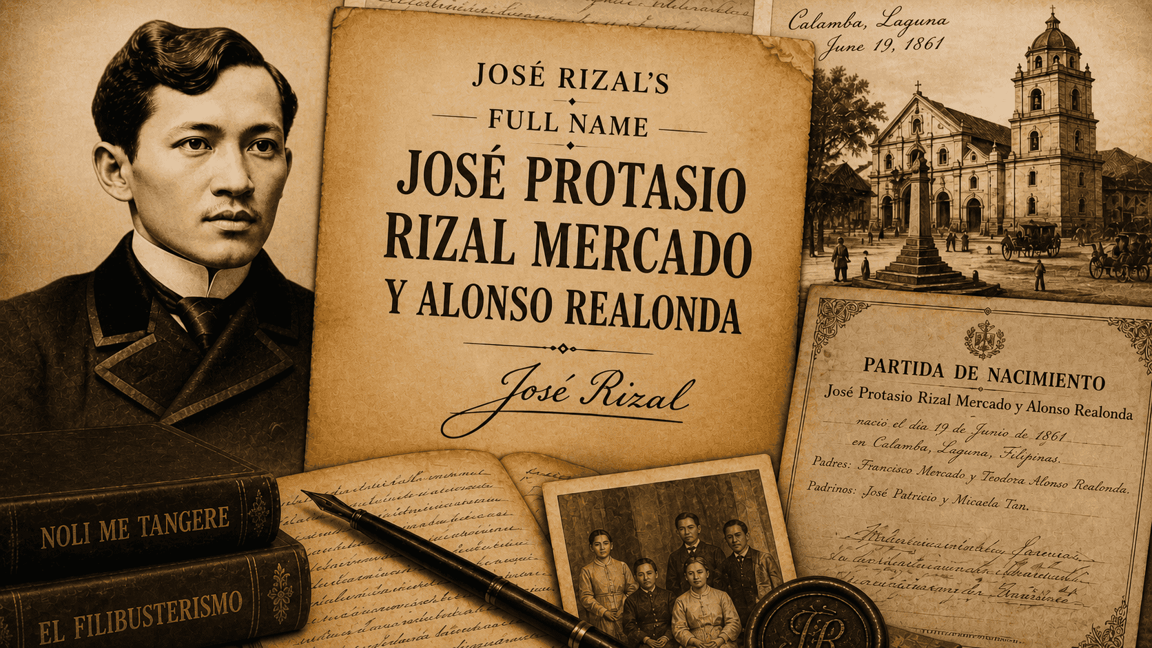 Vintage collage of Jose Rizal with documents, books, family imagery, and a parchment showing his full name.