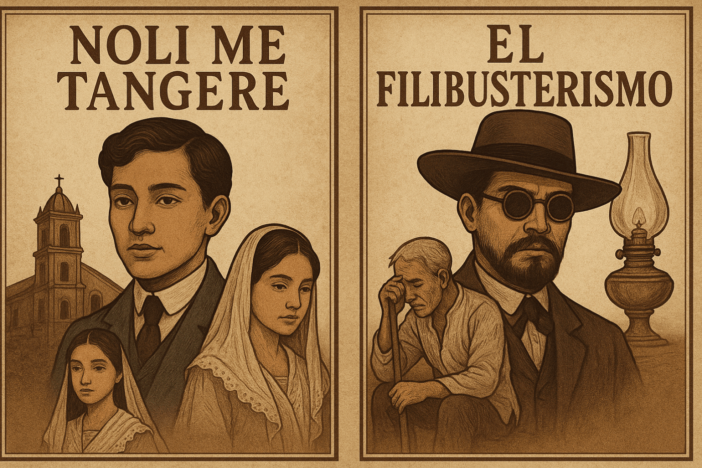 Vintage-style 16:9 illustration showing side-by-side covers of Noli Me Tangere and El Filibusterismo, featuring Ibarra, Maria Clara, Simoun, and symbolic imagery from both novels.