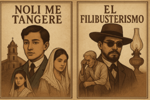 Vintage-style 16:9 illustration showing side-by-side covers of Noli Me Tangere and El Filibusterismo, featuring Ibarra, Maria Clara, Simoun, and symbolic imagery from both novels.
