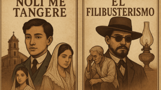 Vintage-style 16:9 illustration showing side-by-side covers of Noli Me Tangere and El Filibusterismo, featuring Ibarra, Maria Clara, Simoun, and symbolic imagery from both novels.