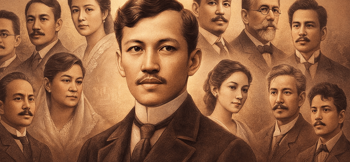 A sepia-toned historical composite portrait featuring José Rizal at the center, surrounded by key figures from his life including family members, mentors, reformist colleagues, and close companions, arranged in a dignified museum-style layout.