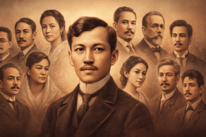 A sepia-toned historical composite portrait featuring José Rizal at the center, surrounded by key figures from his life including family members, mentors, reformist colleagues, and close companions, arranged in a dignified museum-style layout.