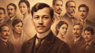 A sepia-toned historical composite portrait featuring José Rizal at the center, surrounded by key figures from his life including family members, mentors, reformist colleagues, and close companions, arranged in a dignified museum-style layout.
