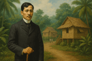 Realist-style 16:9 painting of Rizal in Dapitan, standing with a cane in front of bamboo houses and lush tropical greenery, depicting his life and community during exile in Dapitan.
