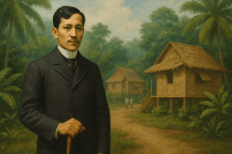 Realist-style 16:9 painting of Rizal in Dapitan, standing with a cane in front of bamboo houses and lush tropical greenery, depicting his life and community during exile in Dapitan.
