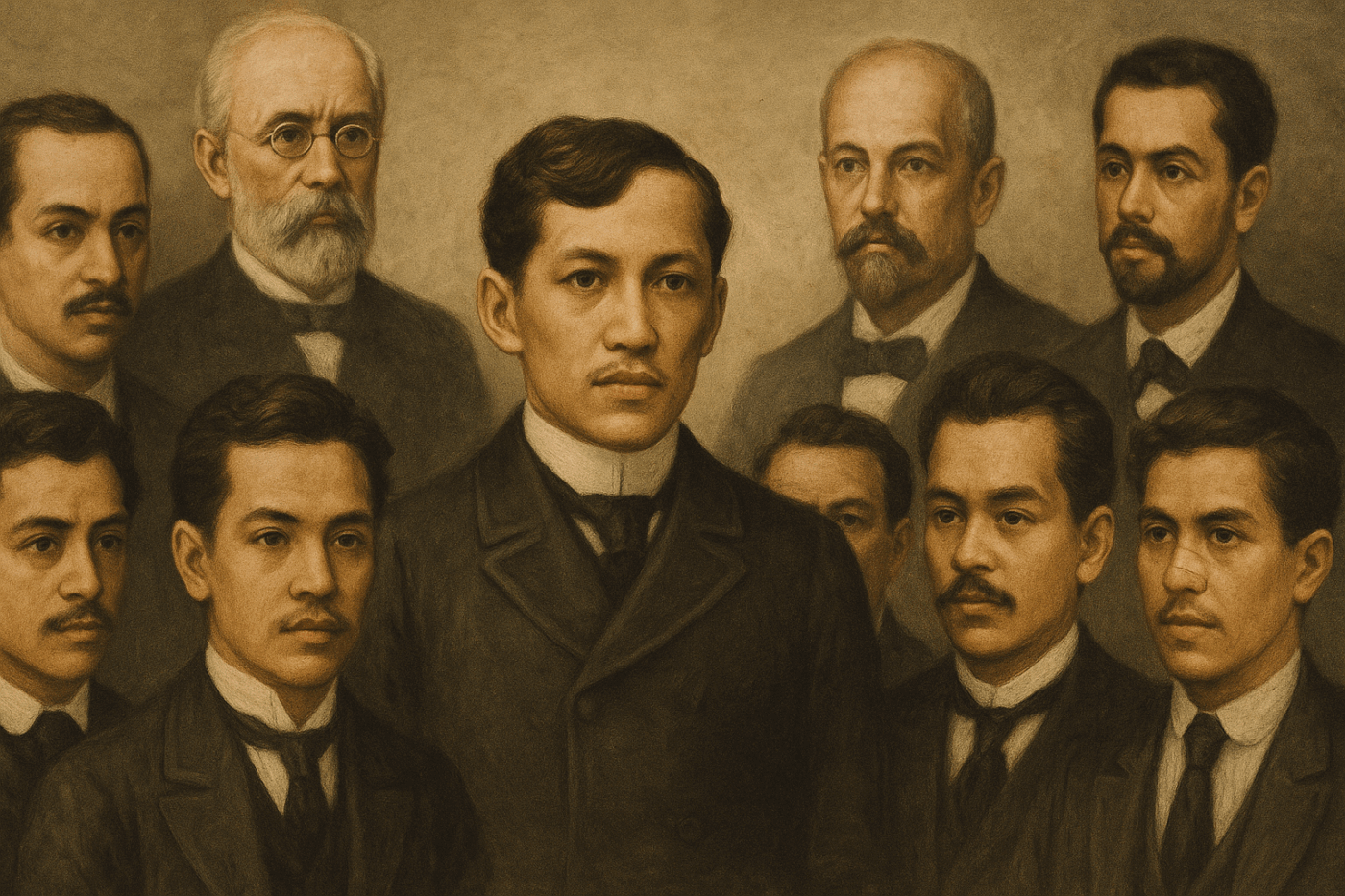 A sepia-toned oil-style illustration of José Rizal surrounded by his contemporaries, including fellow reformists, artists, and intellectual allies, all dressed in period formal attire.