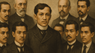 A sepia-toned oil-style illustration of José Rizal surrounded by his contemporaries, including fellow reformists, artists, and intellectual allies, all dressed in period formal attire.