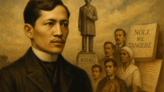 Realistic 16:9 painting showing Rizal in the foreground, with his statue, characters from his novels, and the Noli Me Tangere book symbolizing his lasting legacy.