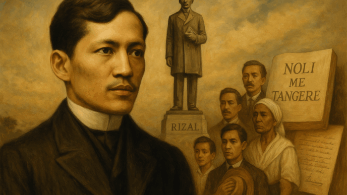 Realistic 16:9 painting showing Rizal in the foreground, with his statue, characters from his novels, and the Noli Me Tangere book symbolizing his lasting legacy.