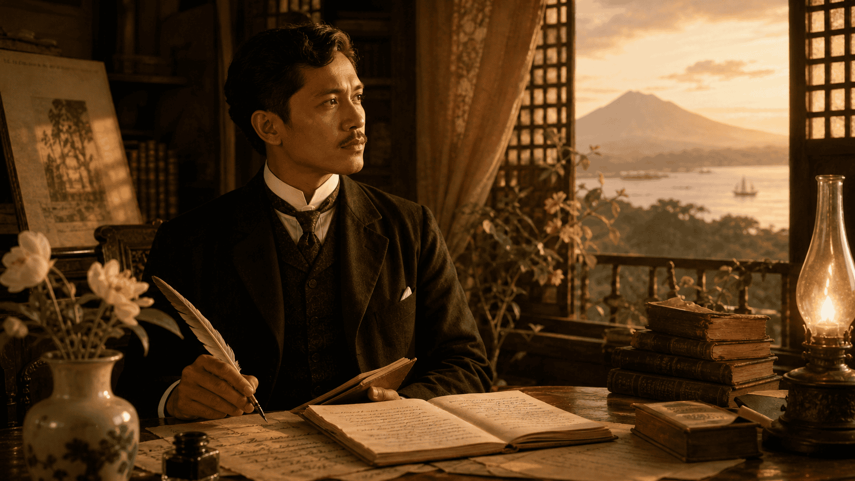 Jose Rizal holding a quill in a warmly lit study with handwritten poems, books, flowers, and a view of the Philippine landscape.