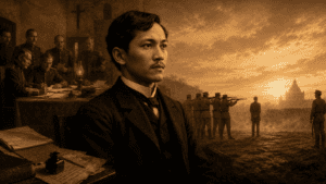 Jose Rizal shown in the foreground with his military trial and execution at Bagumbayan depicted in the background at dawn.