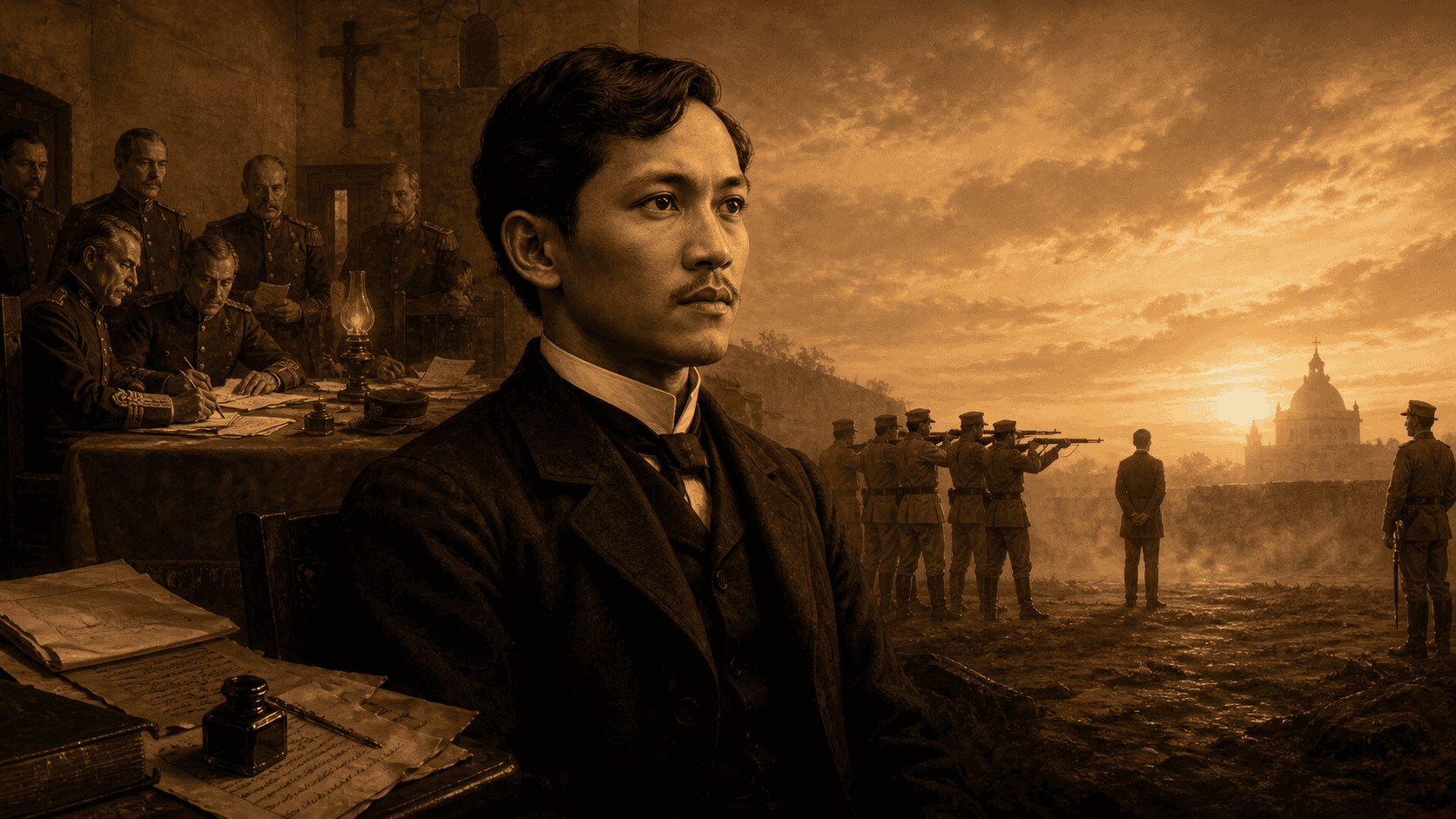 Jose Rizal shown in the foreground with his military trial and execution at Bagumbayan depicted in the background at dawn.