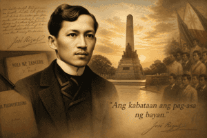 Sepia-toned collage of Jose Rizal with his books, handwritten notes, the Rizal Monument, the Philippine flag, and Filipino youth.