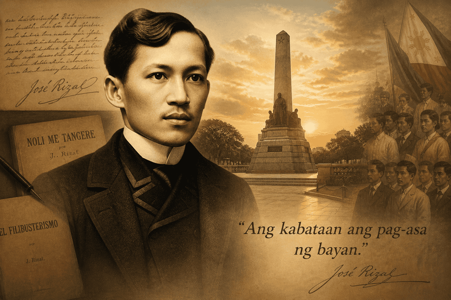 Sepia-toned collage of Jose Rizal with his books, handwritten notes, the Rizal Monument, the Philippine flag, and Filipino youth.