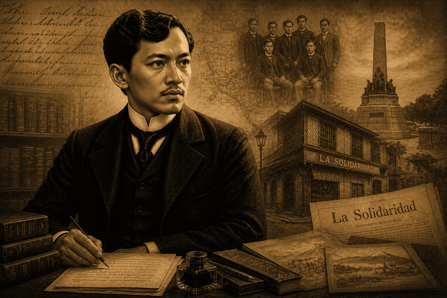 Sepia-toned collage of Jose Rizal writing at a desk with books, letters, reform movement imagery, and the Rizal Monument in the background.