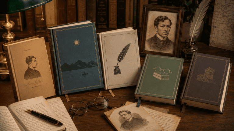 Collection of books about Jose Rizal arranged on a wooden desk with handwritten notes, spectacles, and a framed portrait in a vintage study.