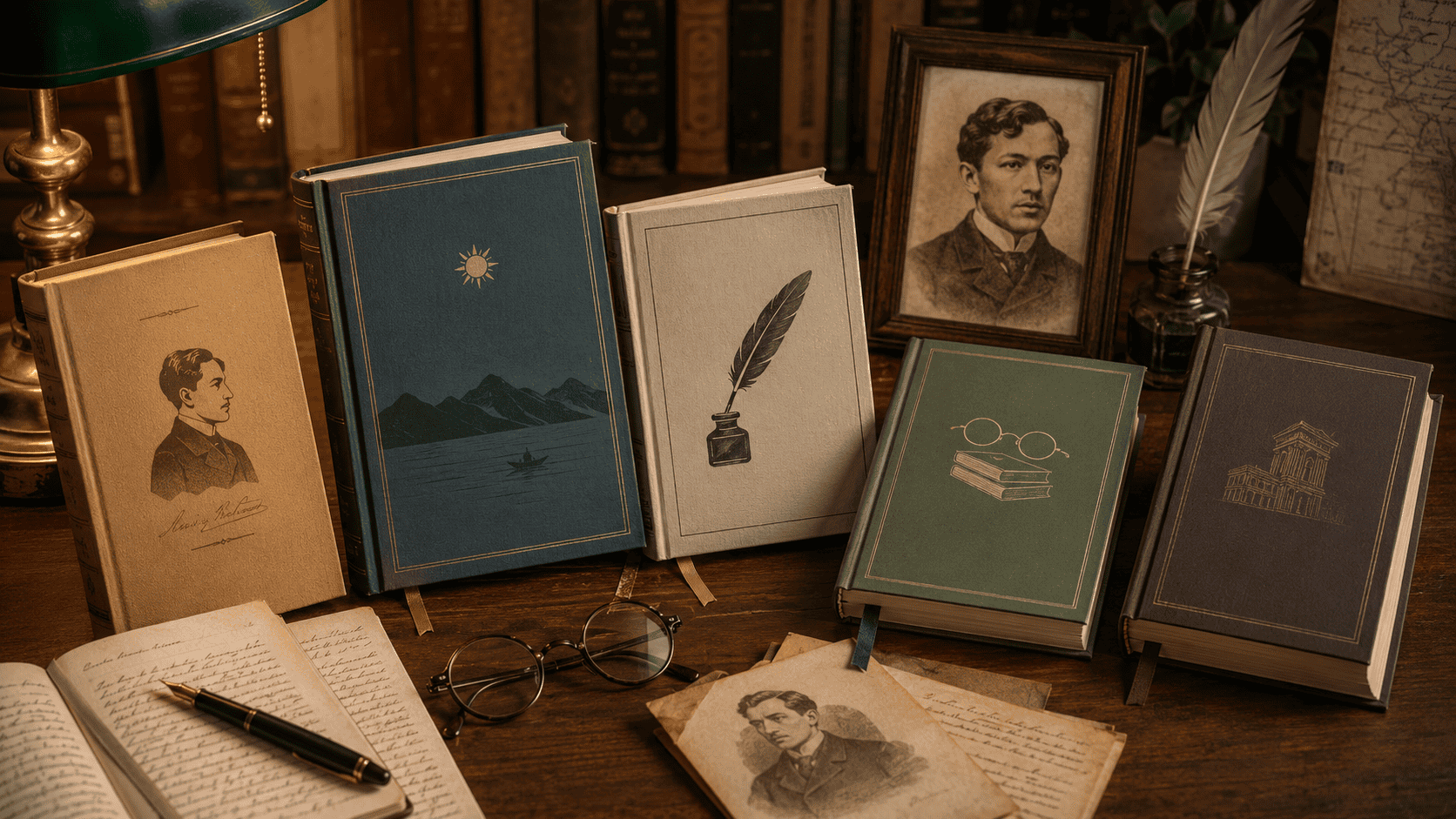 Collection of books about Jose Rizal arranged on a wooden desk with handwritten notes, spectacles, and a framed portrait in a vintage study.