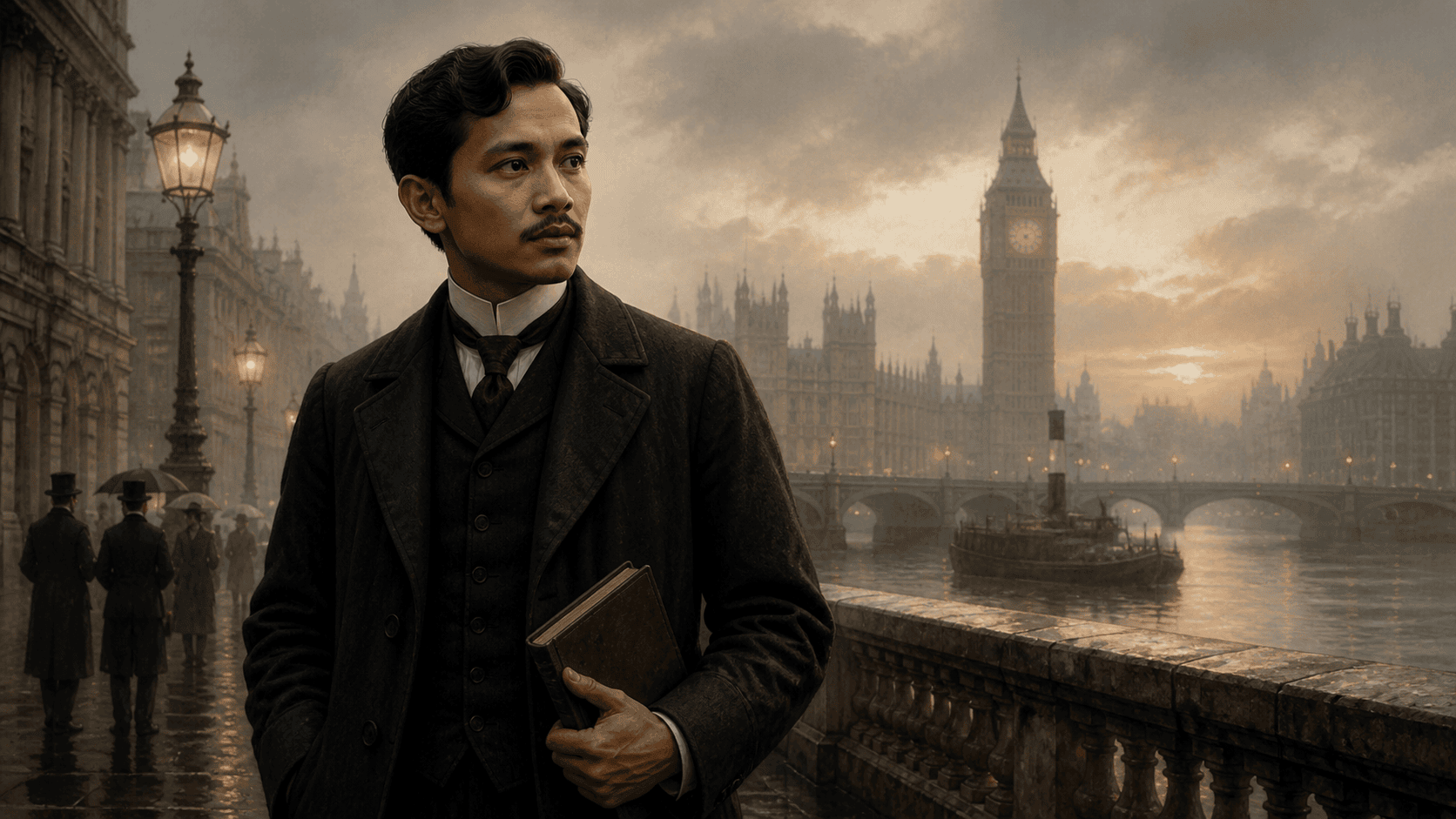 Jose Rizal walking beside the River Thames in Victorian London with Big Ben and Westminster in the background.