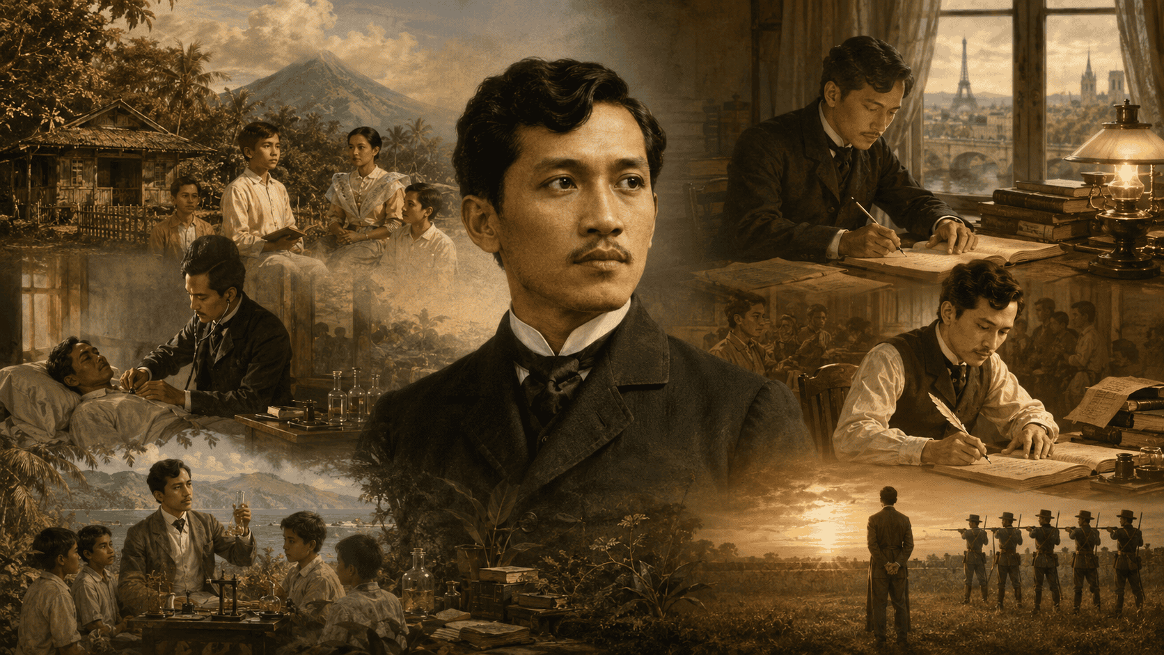 Photorealistic montage of Jose Rizal’s life, showing him as a writer, doctor, student, naturalist, reformer, and patriot.