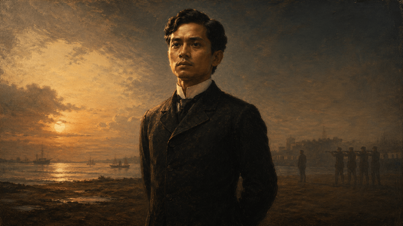 Painterly portrait of Jose Rizal standing near Manila Bay at dawn with a faint firing squad silhouette in the background.
