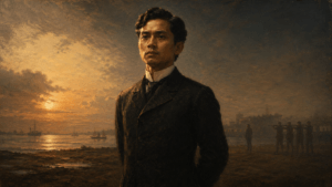 Painterly portrait of Jose Rizal standing near Manila Bay at dawn with a faint firing squad silhouette in the background.