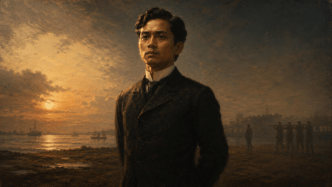 Painterly portrait of Jose Rizal standing near Manila Bay at dawn with a faint firing squad silhouette in the background.