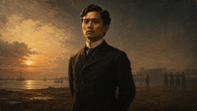 Painterly portrait of Jose Rizal standing near Manila Bay at dawn with a faint firing squad silhouette in the background.