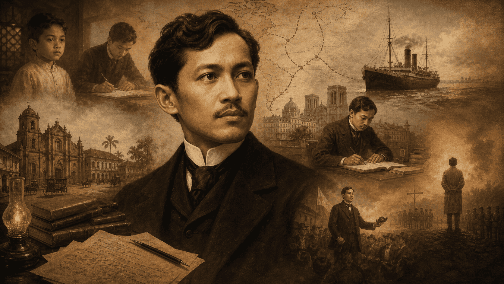 Vintage montage of Jose Rizal’s life showing his childhood, studies, travels, writings, reform work, and martyrdom.