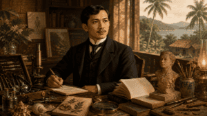 Jose Rizal seated in a study surrounded by medical instruments, books, a sculpture bust, and naturalist specimens in a tropical Dapitan setting.