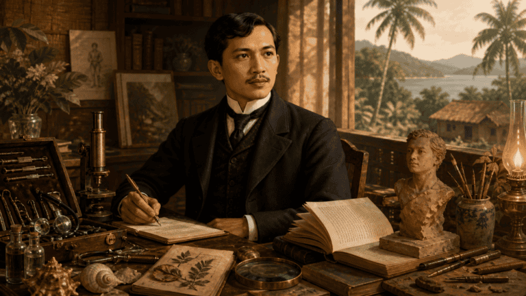 Jose Rizal seated in a study surrounded by medical instruments, books, a sculpture bust, and naturalist specimens in a tropical Dapitan setting.