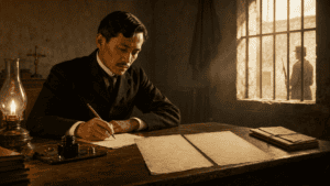 Jose Rizal writing in a dim prison room with manuscript pages laid side by side on a wooden table.