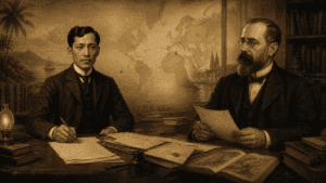 Jose Rizal and Ferdinand Blumentritt seated at a study table with letters, books, and a map connecting the Philippines and Europe.