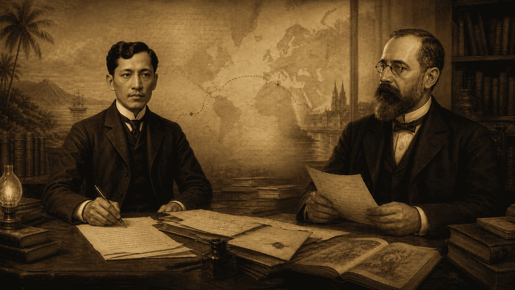 Jose Rizal and Ferdinand Blumentritt seated at a study table with letters, books, and a map connecting the Philippines and Europe.