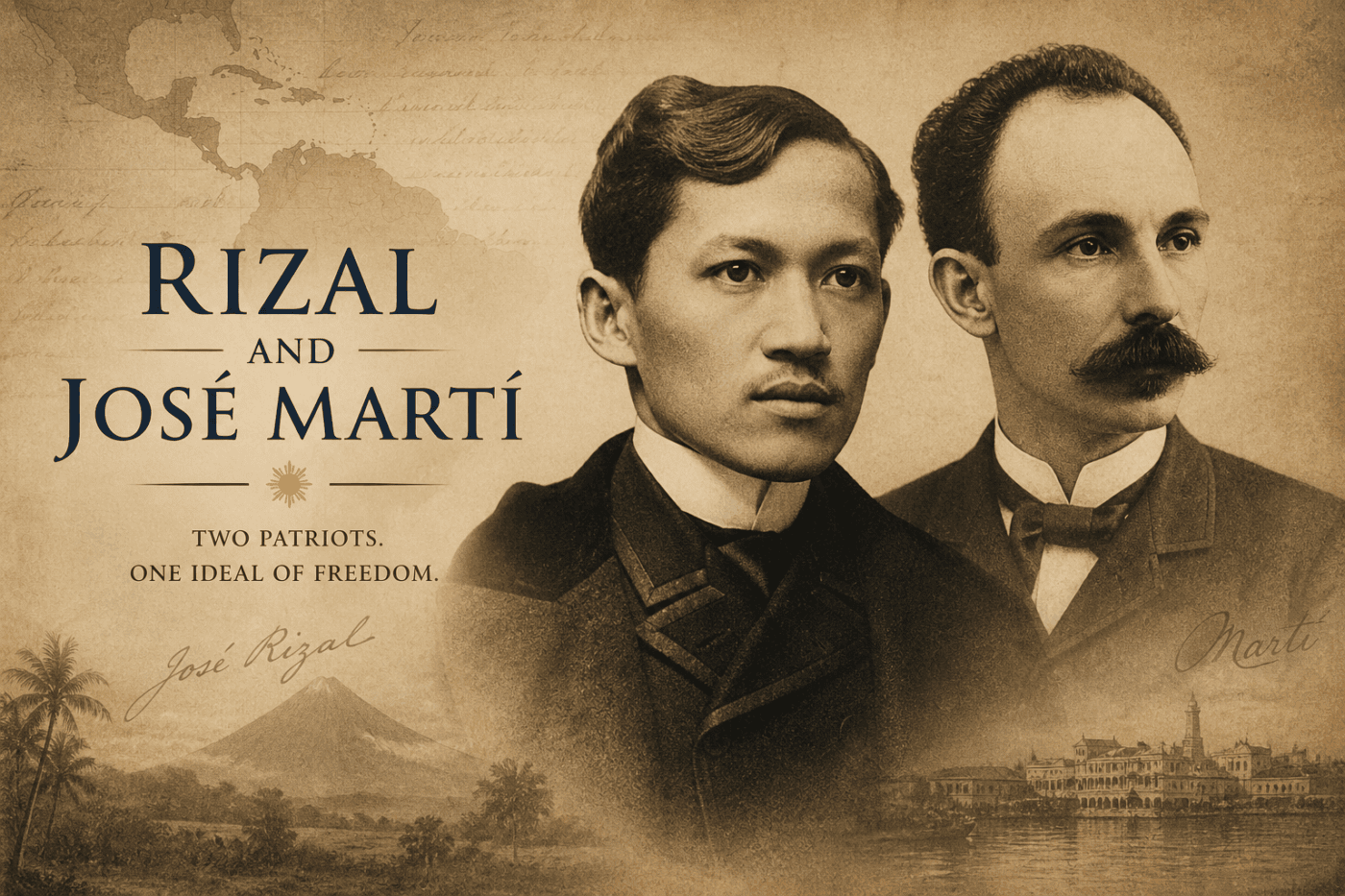 Vintage-style portrait illustration of Jose Rizal and Jose Martí with map, manuscript, Philippine, and Cuban independence imagery.