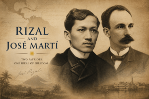 Vintage-style portrait illustration of Jose Rizal and Jose Martí with map, manuscript, Philippine, and Cuban independence imagery.