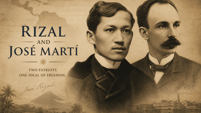 Vintage-style portrait illustration of Jose Rizal and Jose Martí with map, manuscript, Philippine, and Cuban independence imagery.