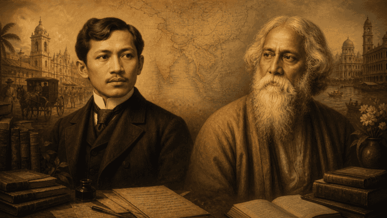 Jose Rizal and Rabindranath Tagore shown in a sepia-toned intellectual portrait with books, papers, and an Asian map in the background.