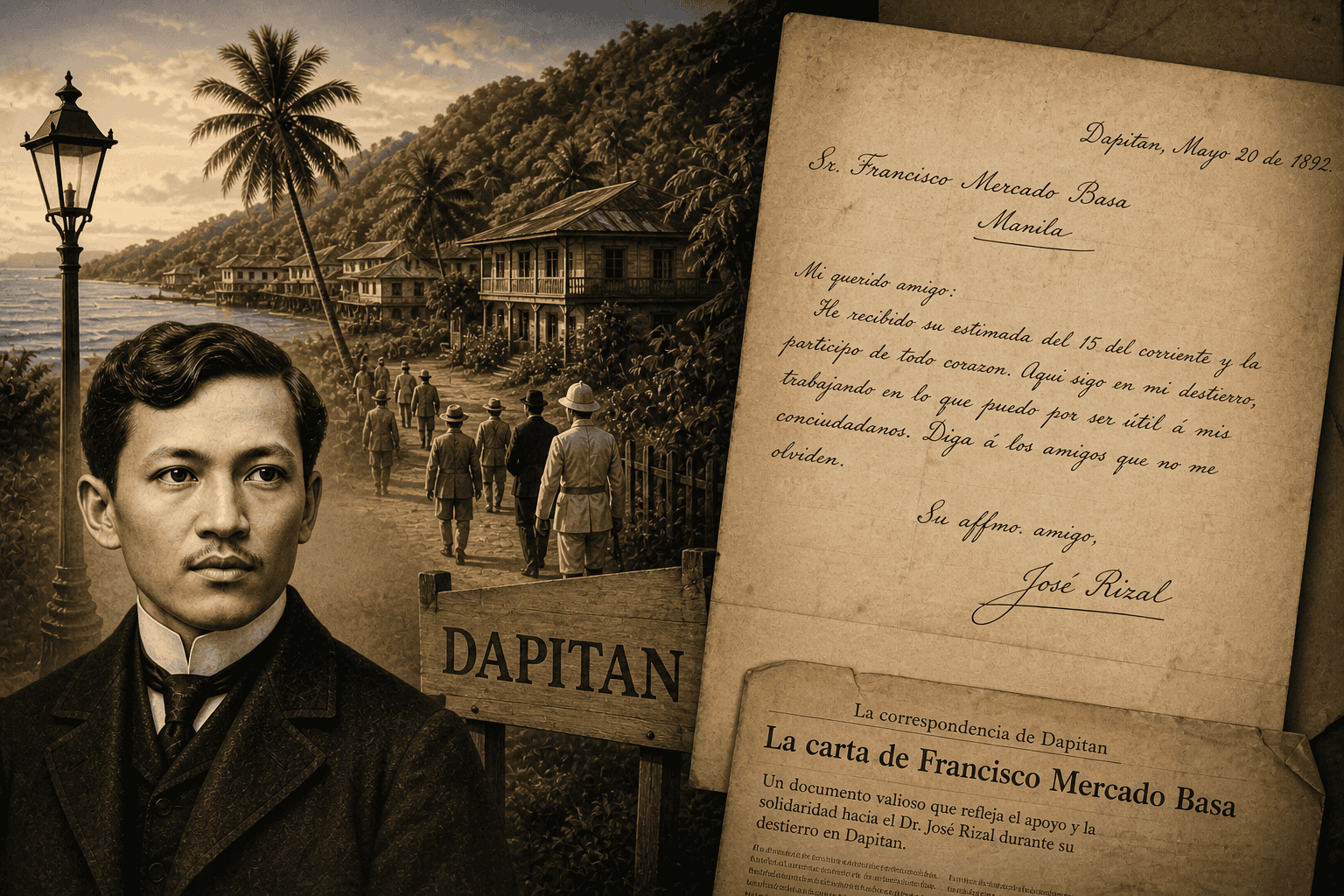 Vintage collage showing Rizal’s exile in Dapitan with a letter from Francisco Mercado Basa, colonial officials, tropical coastal scenery, and period documents.